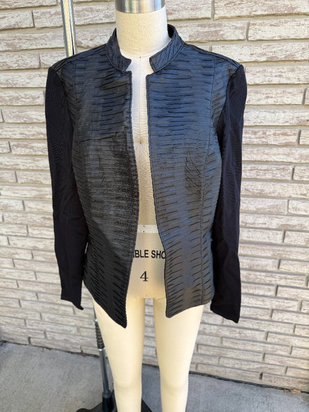 Nygard Black Pleated Faux Leather Mixed Media Open Front Jacket L